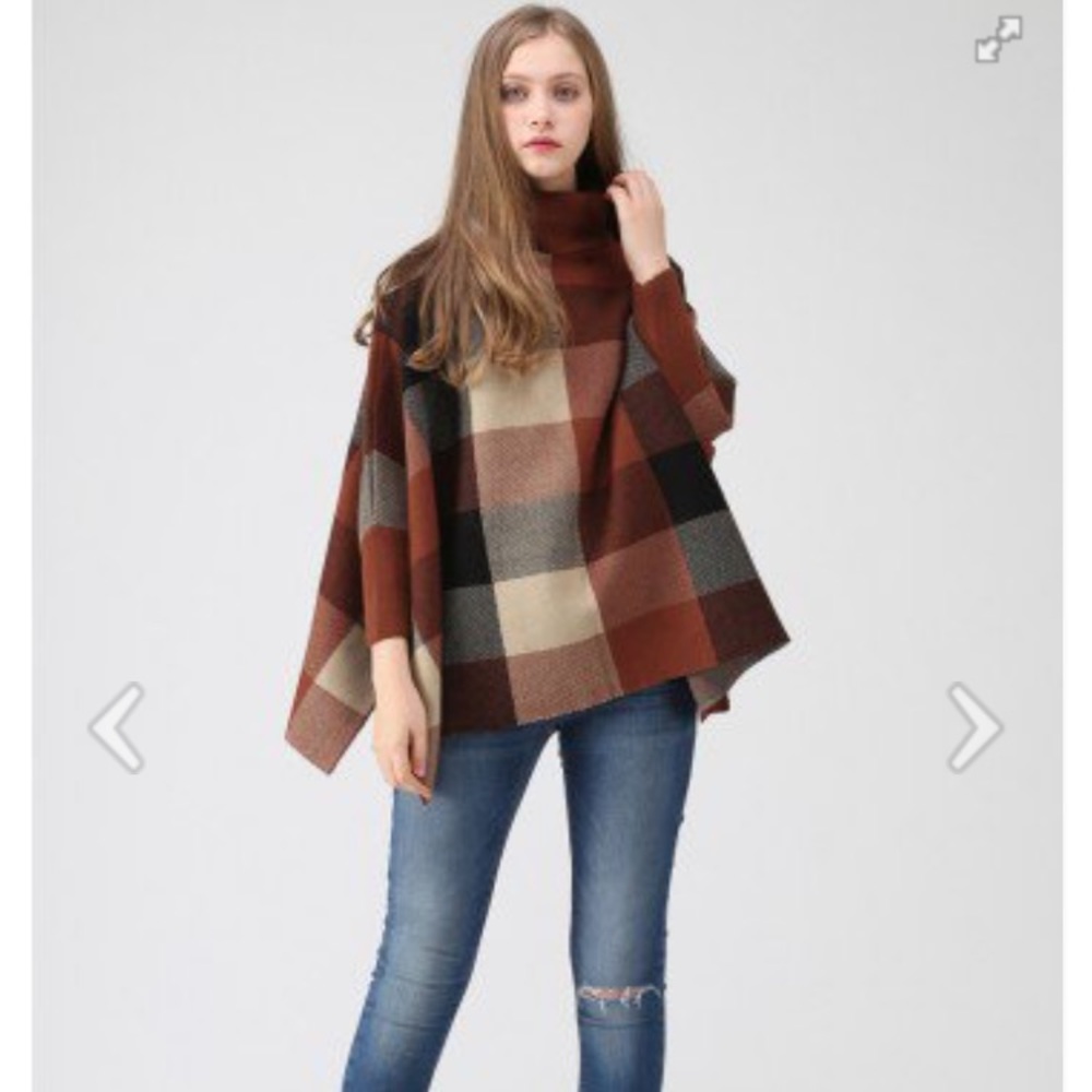 New chicwish plaid checked turtleneck poncho cape - Picture 2 of 6